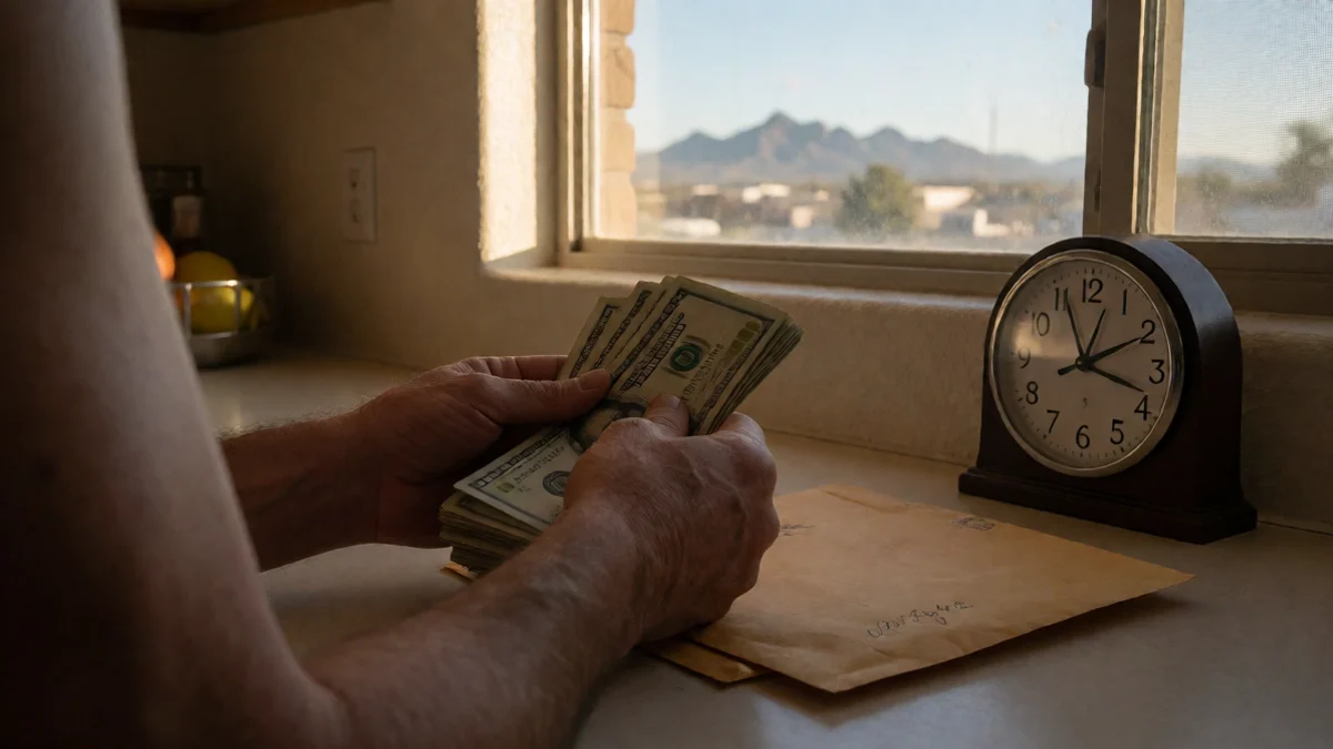 An adult borrower counts a small stack of cash beside a sealed envelope and a ticking kitchen clock