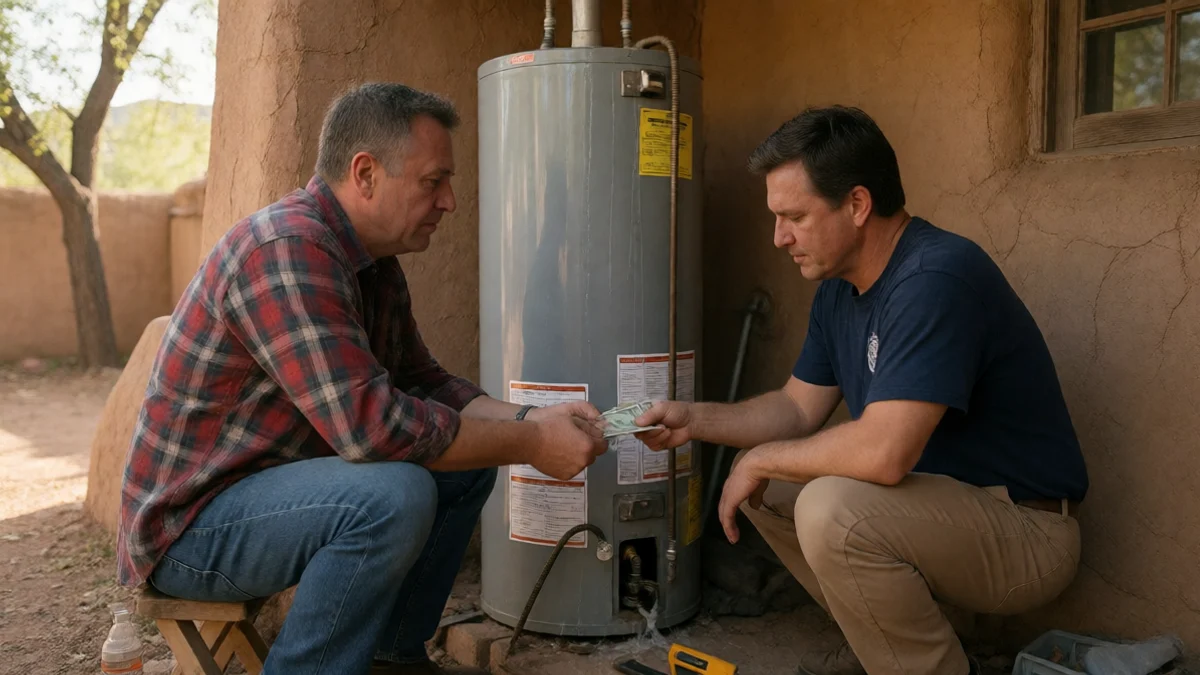 A homeowner hands cash to a plumber repairing a leaking water heater in a Santa Fe adobe house