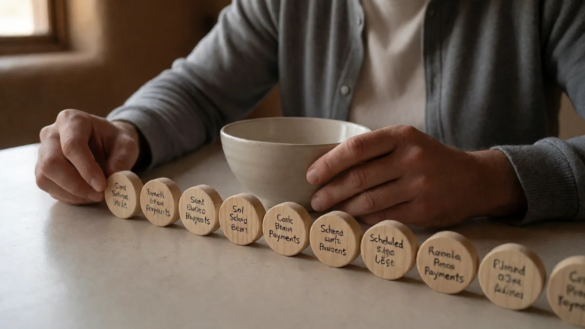 An adult borrower studies a long line of evenly spaced wooden tokens beside a household budget bowl