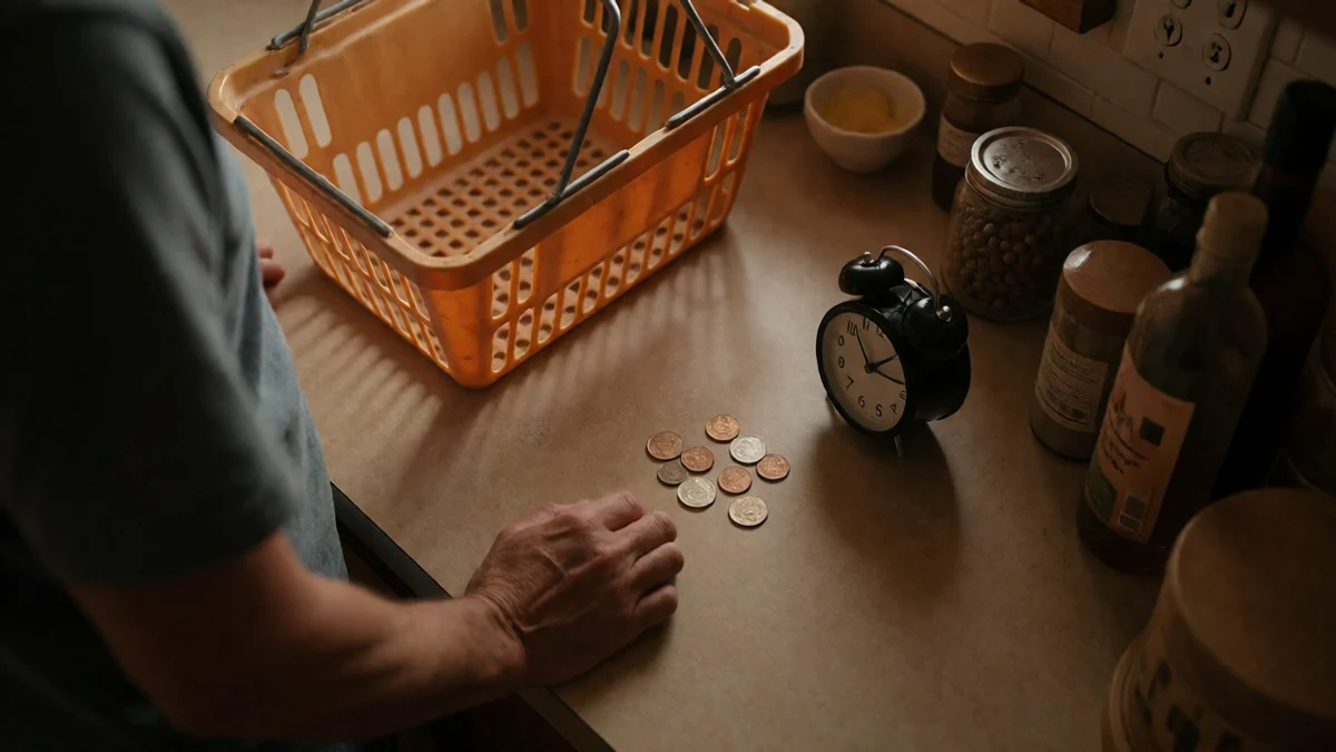 An adult shopper pauses beside a nearly empty grocery basket, a few coins, and a closed alarm clock on a Santa Fe kitchen counter