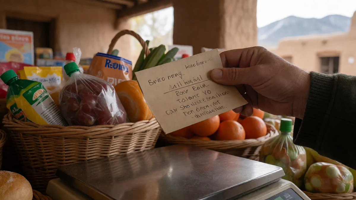 A shopper weighs a small cash envelope against a modest basket of groceries on a market counter