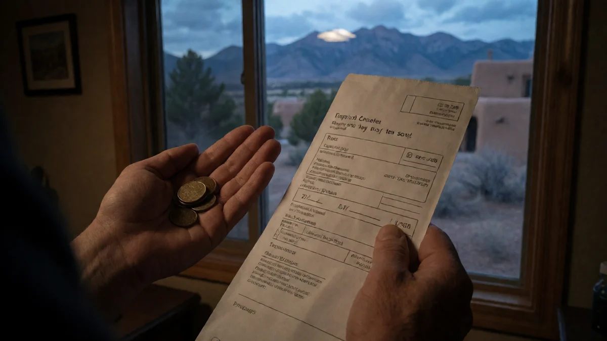 A Taos resident pauses with coins in one hand and an unopened paycheck envelope in the other, confronting a repayment date that may arrive too soon