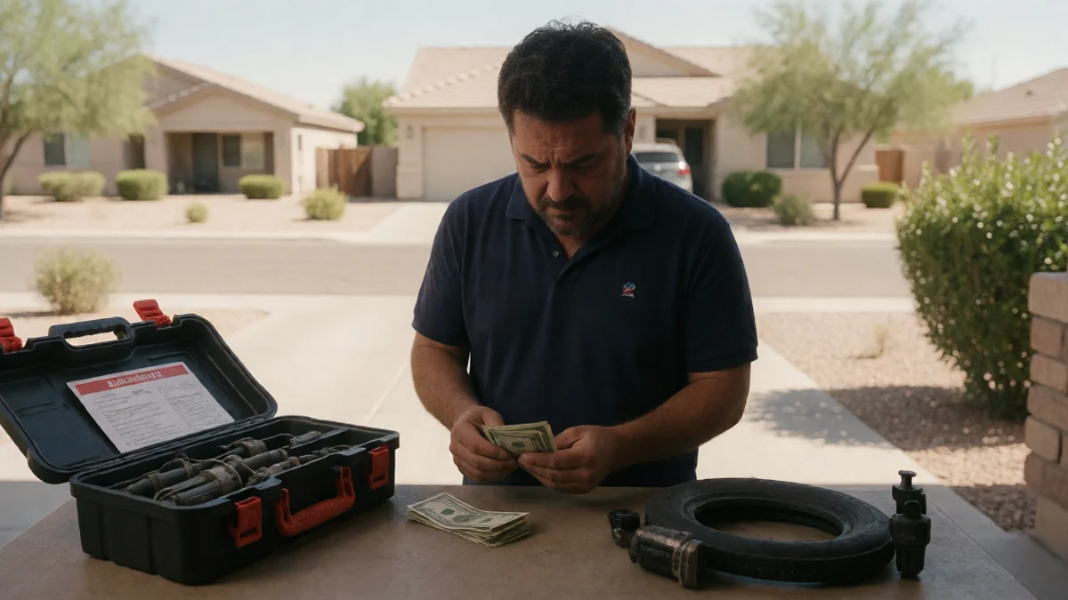 A Los Lunas resident counts a small amount of cash beside a car repair part and an open emergency toolbox in a suburban driveway