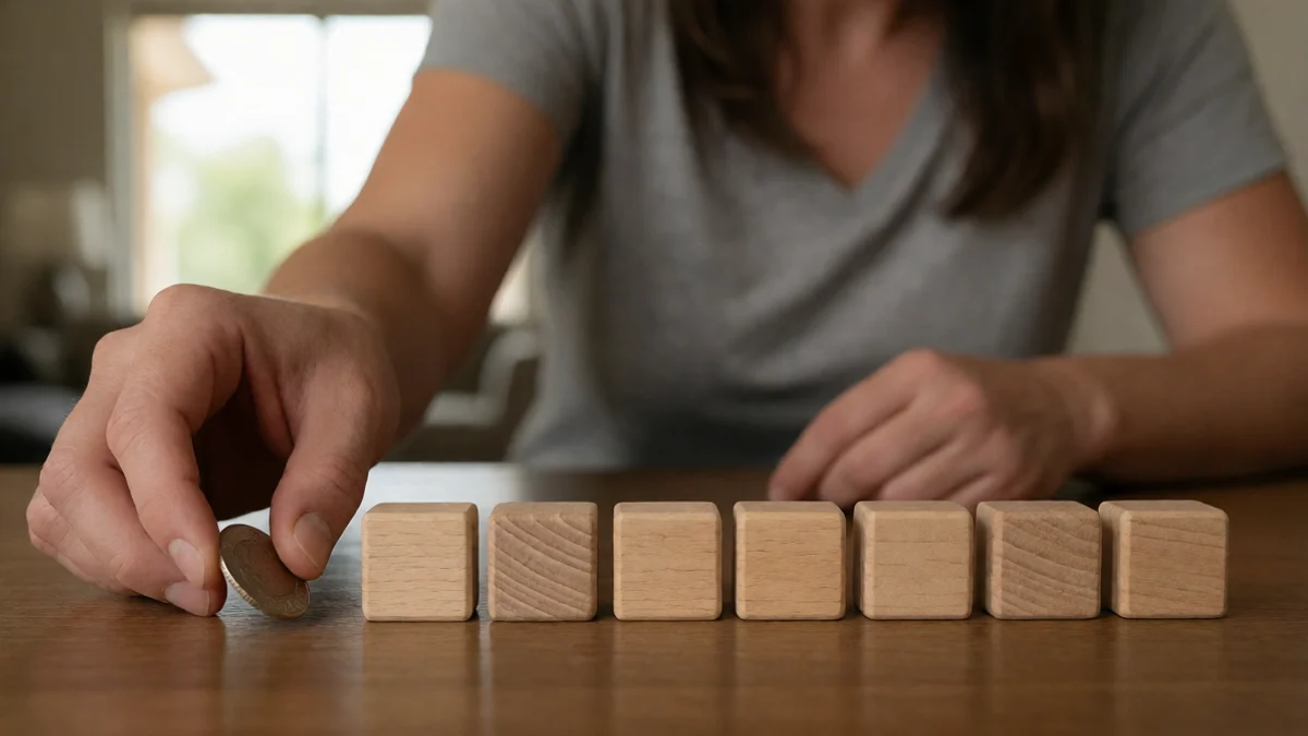 An adult in Los Lunas places the final coin beside a row of evenly spaced wooden payment blocks