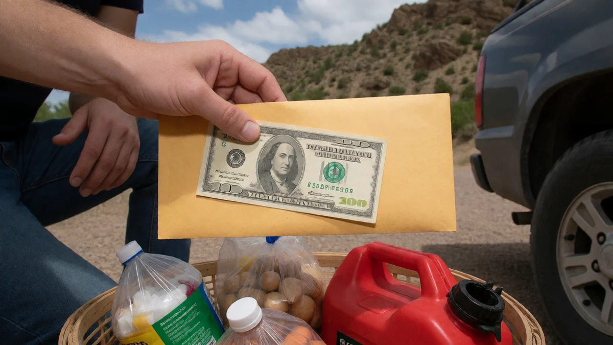 A cash envelope is held above a basket containing groceries and a fuel can, making the tradeoff between immediate money and everyday expenses visible