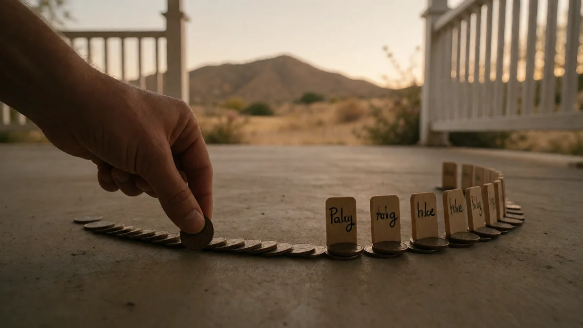 A hand moves one coin at a time along a curved sequence of small wooden markers, representing scheduled payments across a full loan term