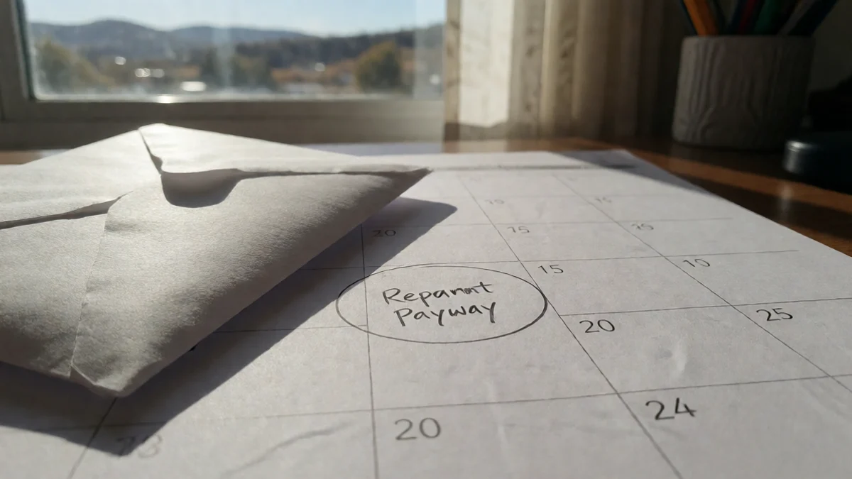 A debit card rests beside a sealed envelope and a hand-drawn circle on a blank calendar page, emphasizing repayment access and the next payday