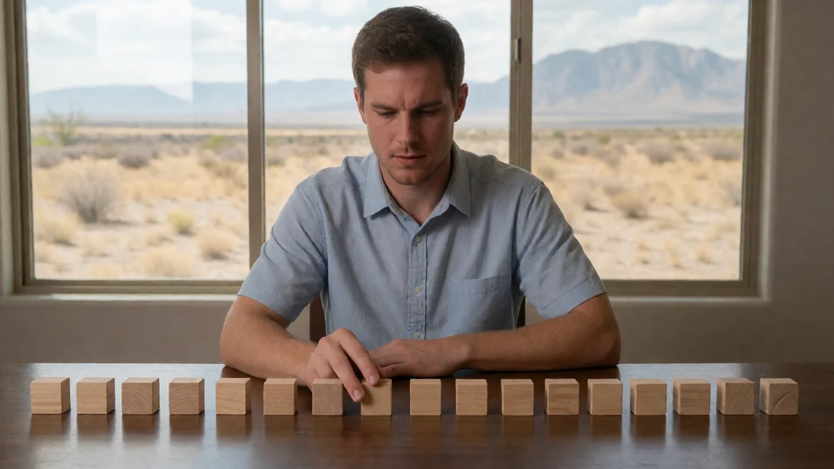 A borrower arranges identical wooden blocks in a straight sequence across a dining table
