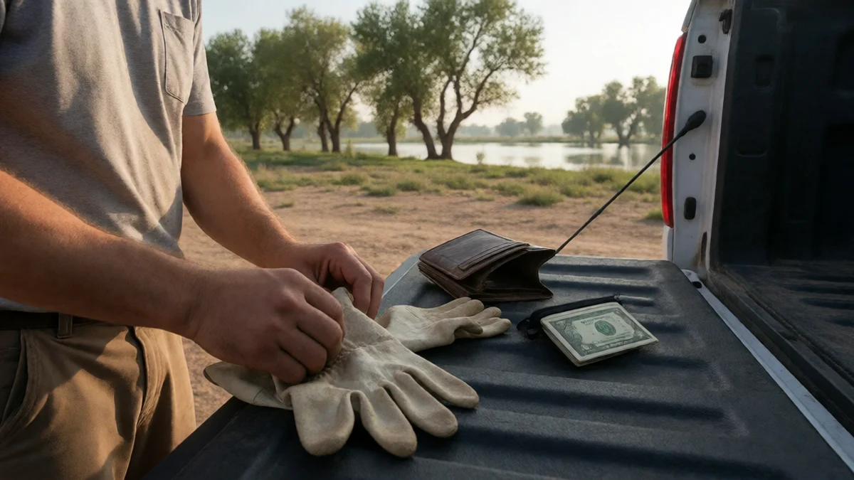 An adult worker places work gloves, a nearly empty wallet, and a small emergency cash pouch on a pickup tailgate beside the North Valley bosque