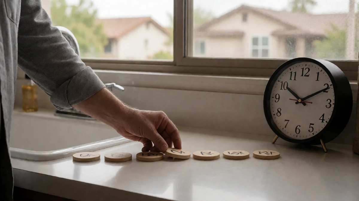 An adult household member moves a series of identical wooden tokens toward a wall clock on a North Valley kitchen counter