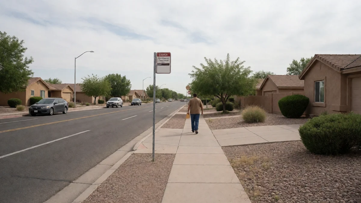 A resident walks along a South Valley neighborhood sidewalk past a county bus stop and low residential homes