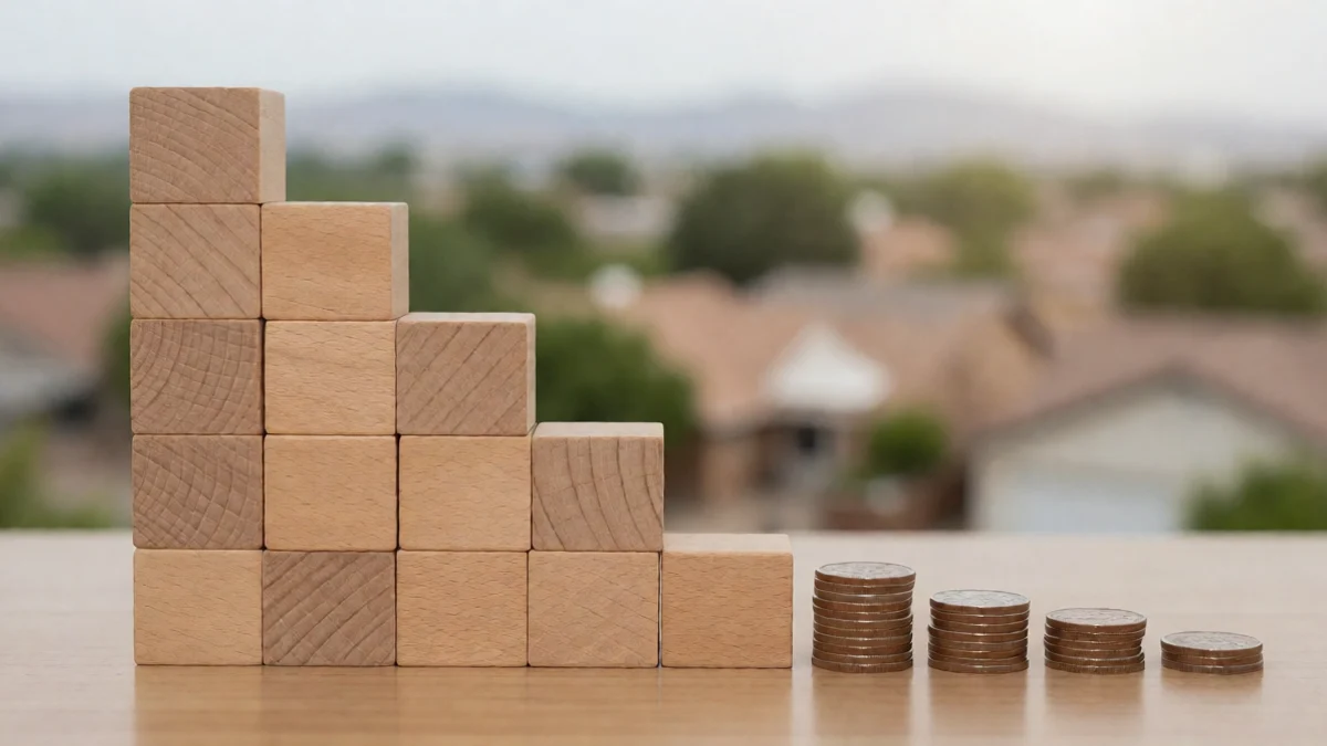 A borrower builds a neat staircase of identical wooden blocks beside evenly spaced coins