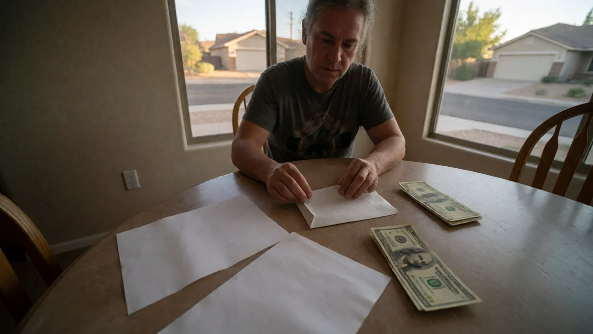 A South Valley resident separates grocery money from a small emergency cash envelope at a dining table