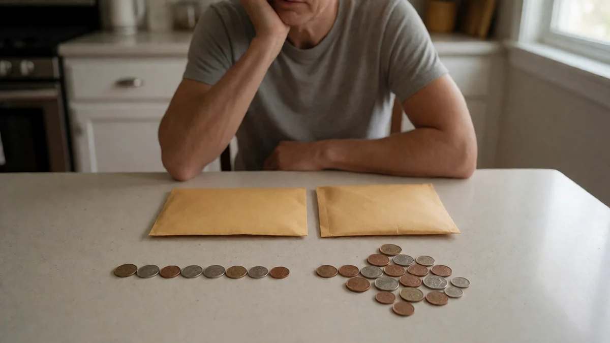 A thoughtful adult sits at a kitchen table with two blank sealed envelopes and two different rows of coins