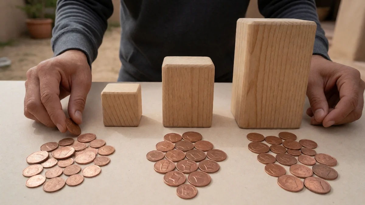 Hands sort copper coins into three measured groups beside wooden blocks of different heights on an outdoor patio, making principal, finance charge