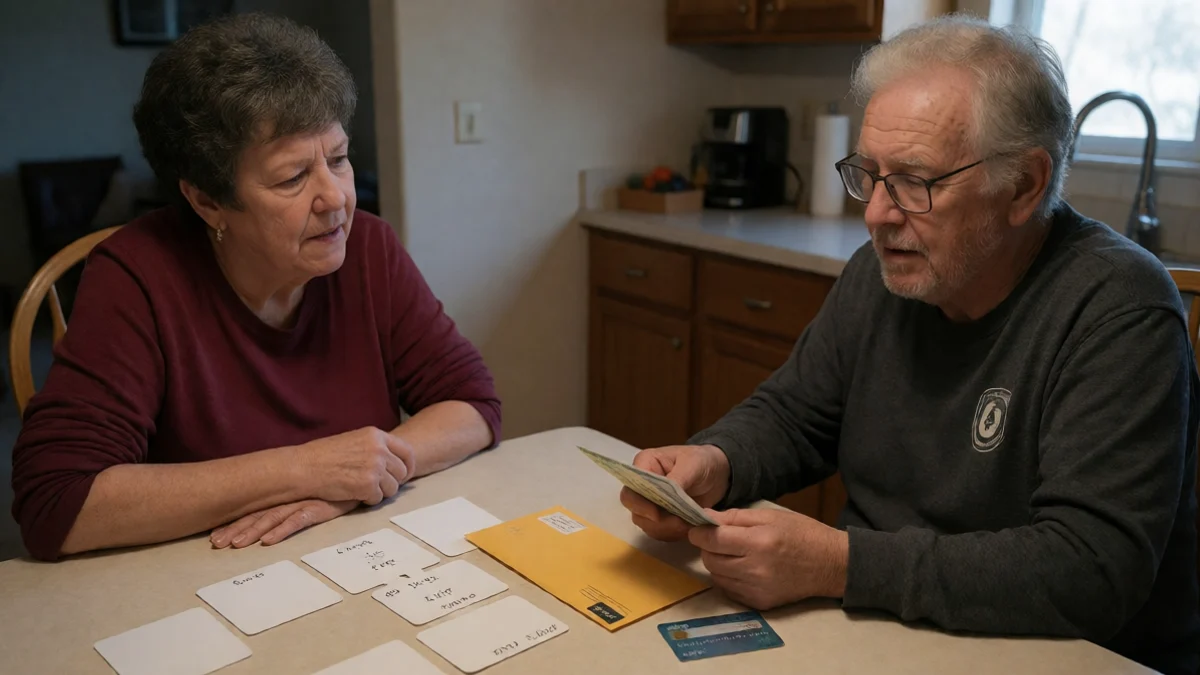 Two New Mexico adults sit at a kitchen table while one carefully compares a bank envelope, a debit card turned face down