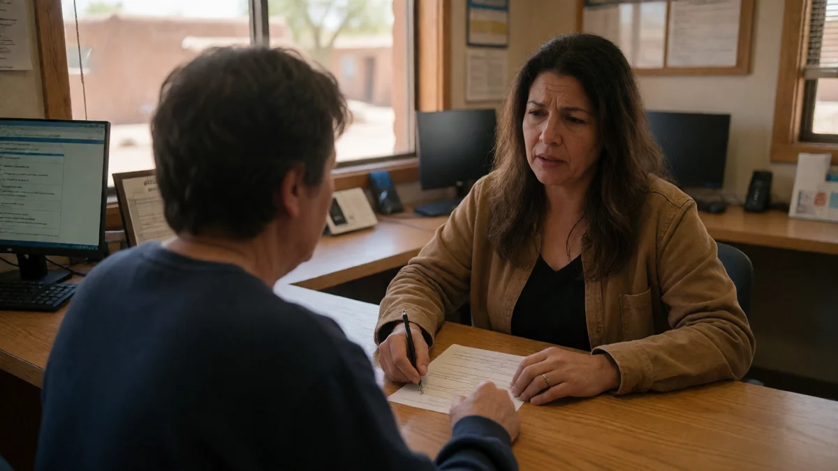 A New Mexico adult verifies a small-dollar borrowing conversation with a credit-union representative across a plain wooden counter