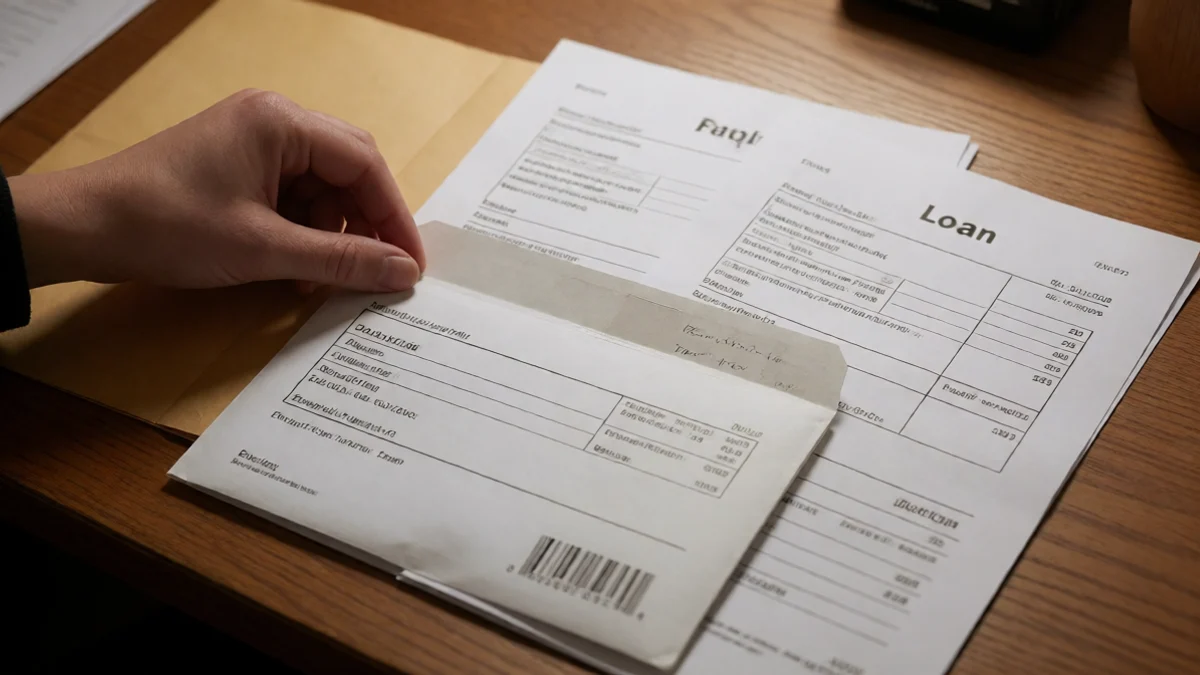A careful hand arranges a loan envelope, bank statement pages turned face down, and a small evidence folder on a wooden desk